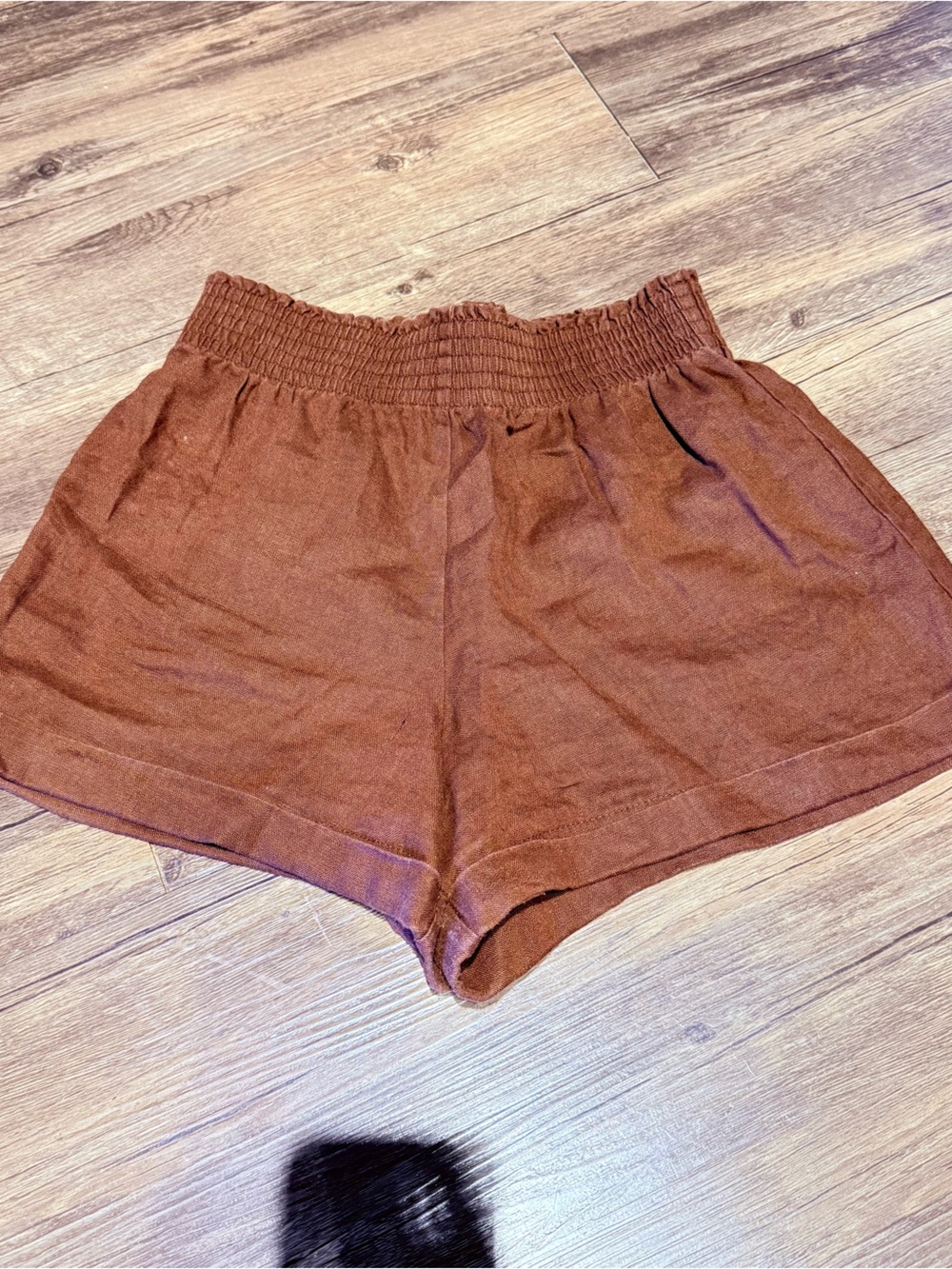 Reformation Brown Smocked-Waist linen Shorts